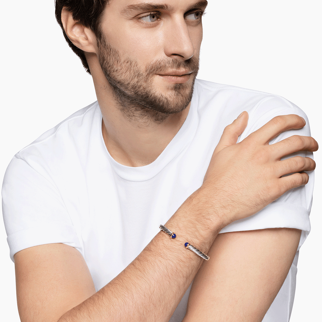 David Yurman Cable Cuff Bracelet Sterling Silver with 14k Yellow Gold and Lapis, 6mm