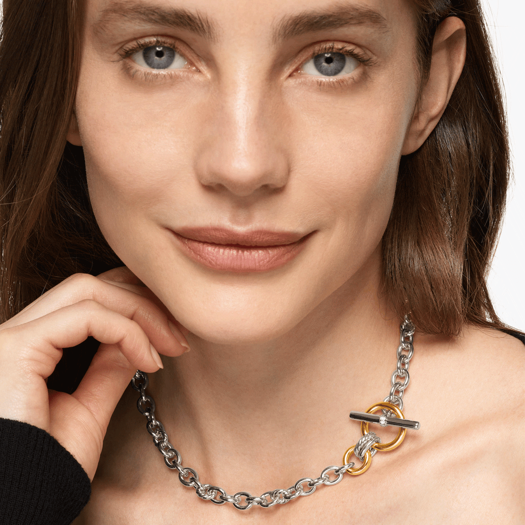 David Yurman Mercer Toggle Chain Necklace Sterling Silver with 18k Yellow Gold and Diamonds, 8mm