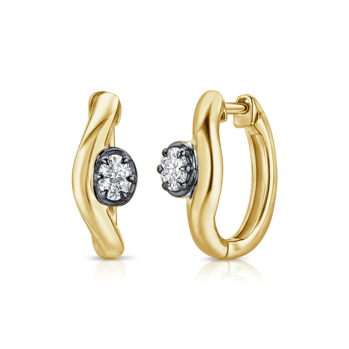 14k Yellow Gold and Oval Diamond .32 Total Weight Huggie Hoops