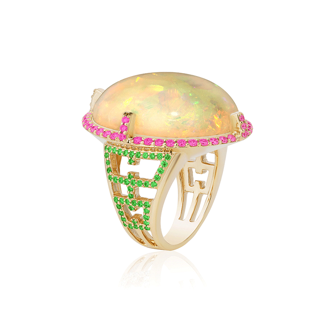 Goshwara 18k Yellow Gold Opal Tsavorite and Sapphire Ring