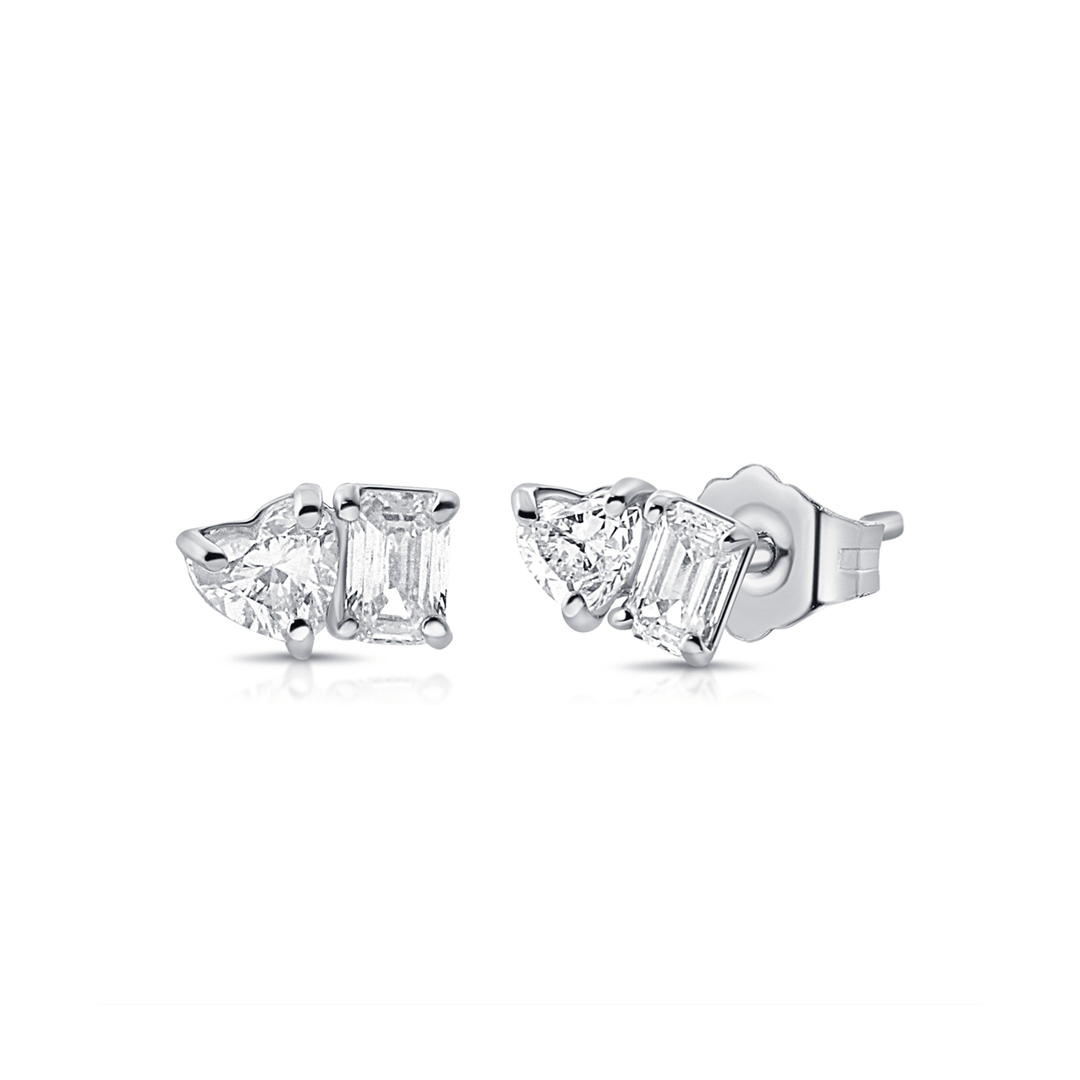14k Gold Heart and Emerald Cut Diamond .62 Total Weight Studs