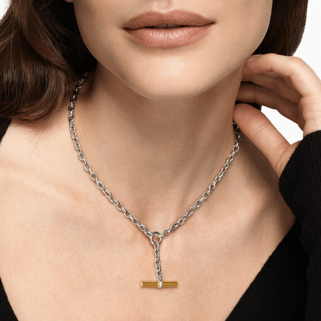 David Yurman Mercer Petite Toggle Chain Necklace Sterling Silver with 18k Yellow Gold and Diamonds, 4.5mm