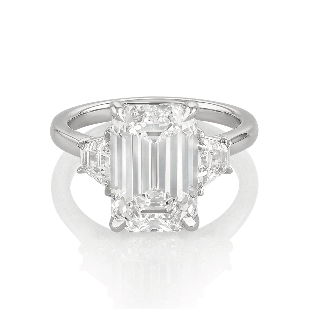 Hamilton Origin Platinum and 5.12 Total Weight Emerald Cut Diamond Engagement Three Stone Ring