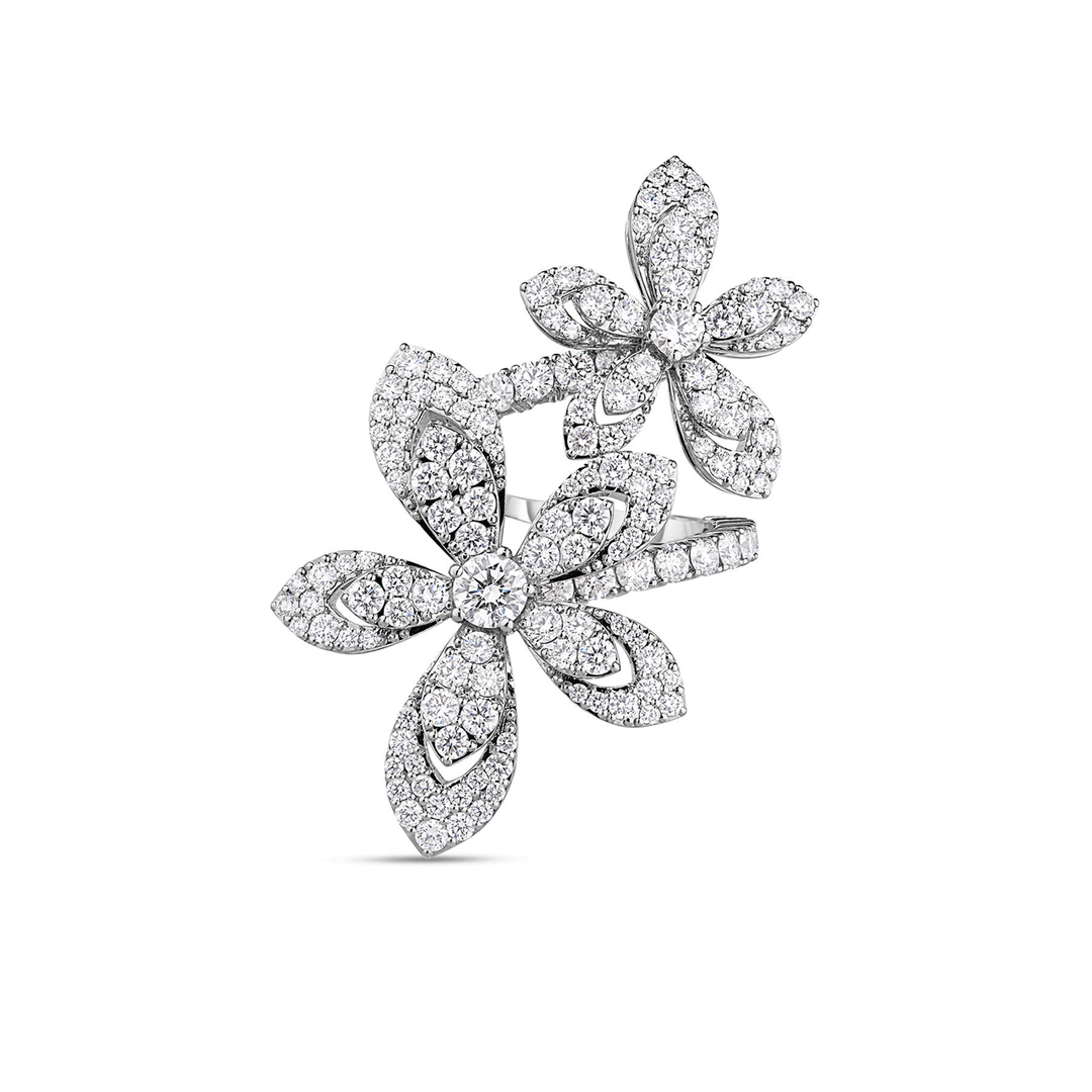 Roberto Coin Tiare 18k White Gold and Pave Diamond Flowers Bypass Ring