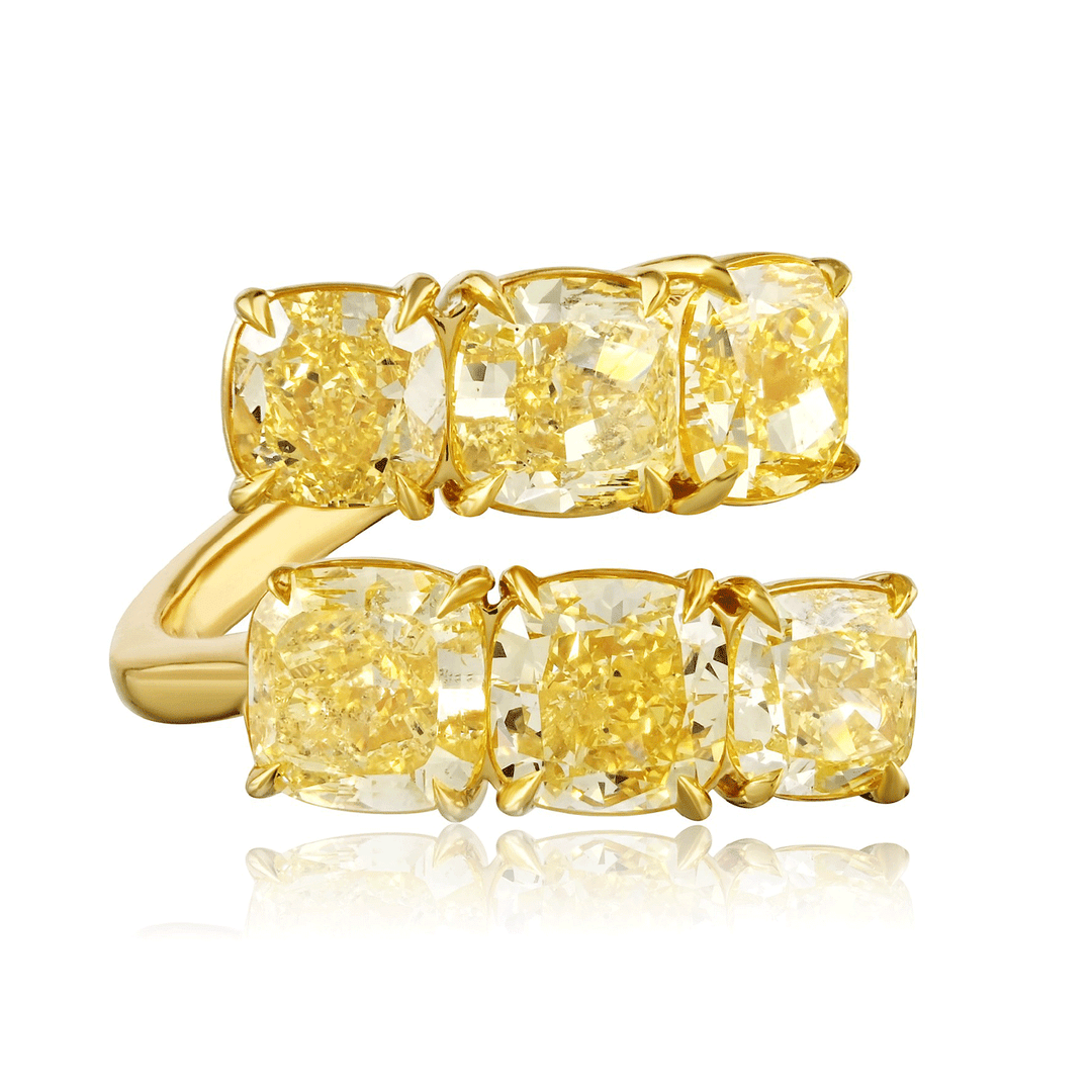 18k Yellow Gold and Cushion Shape Fancy Yellow Diamond 6.54 Total Weight Bypass Ring