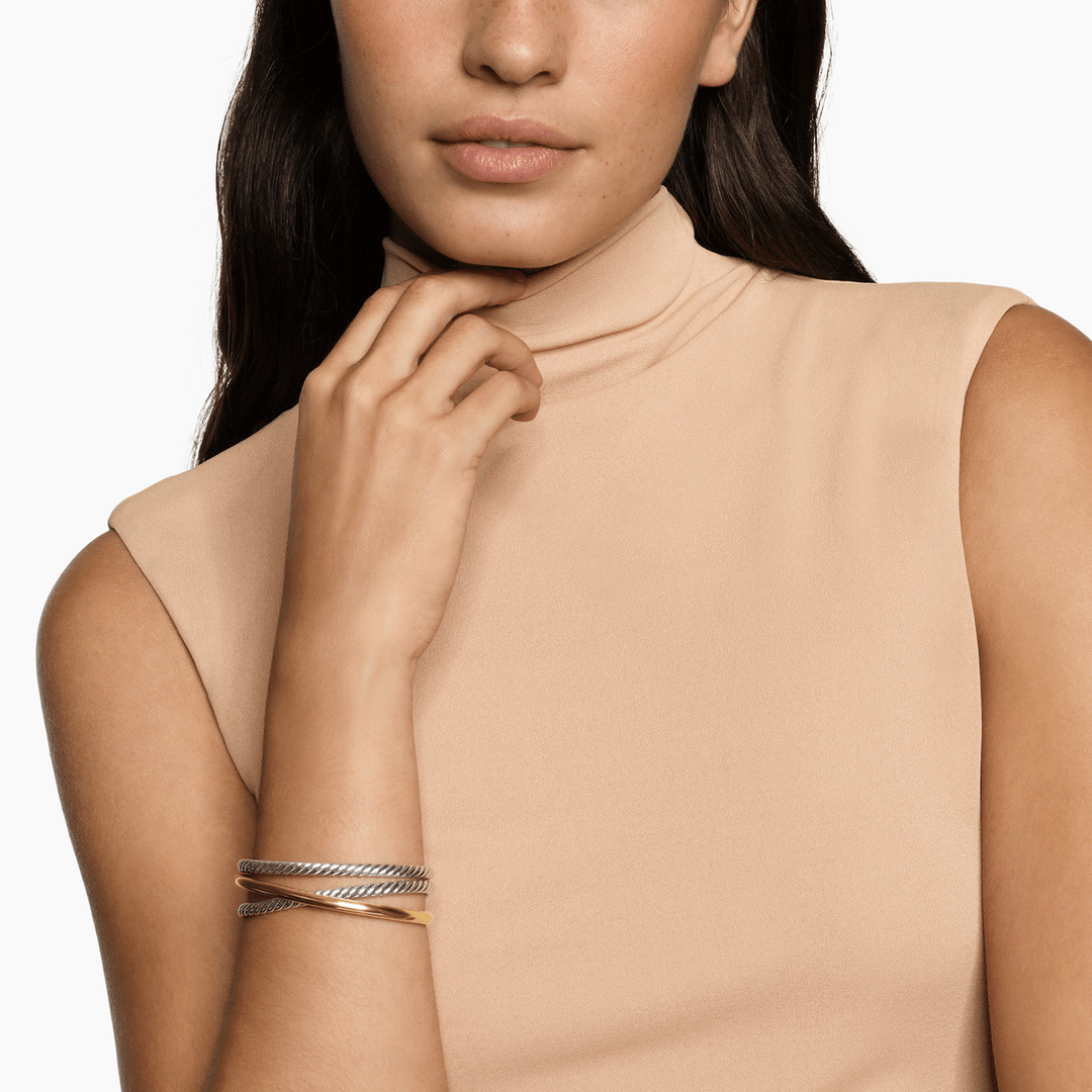David Yurman Bold Crossover Three Row Cuff Bracelet Sterling Silver with 14k Yellow Gold, 19mm
