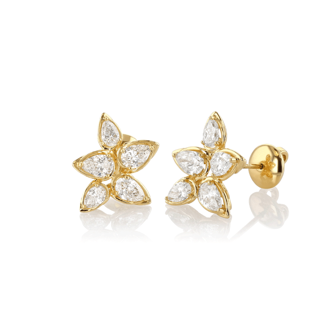 18kYellow Gold and 2.10 Total Weight Diamond Flower Stud Earrings