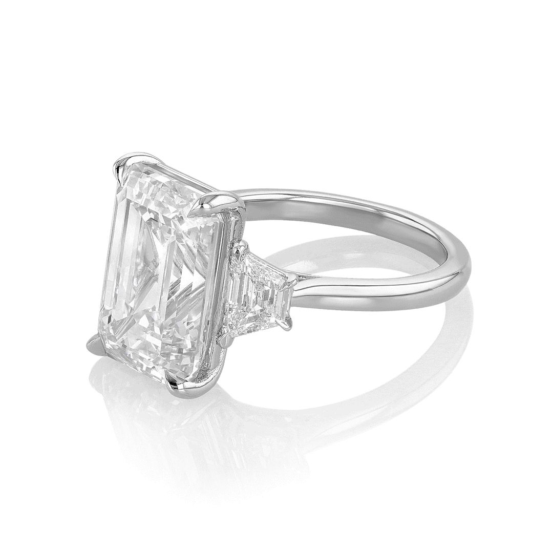 Hamilton Origin Platinum and 8.06 Total Weight Emerald Cut Diamond Three Stone Engagement Ring