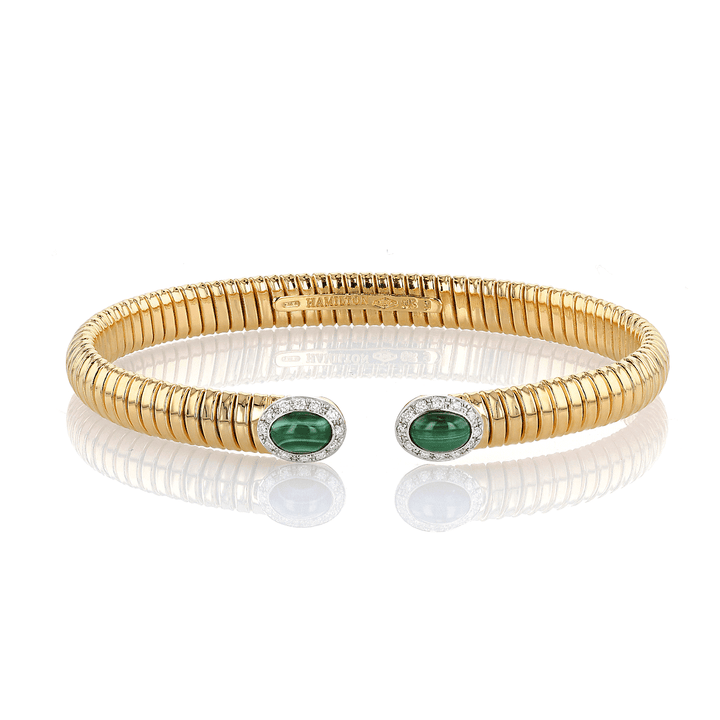 1970's 18k Yellow Gold Woven Cobra and Malachite Bracelet