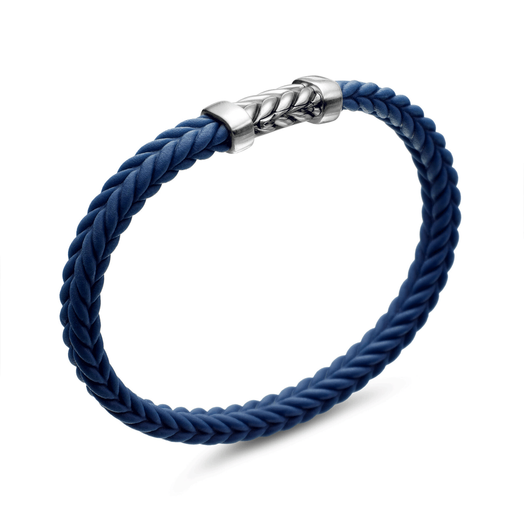 David Yurman Chevron Bracelet Blue Rubber with Sterling Silver, 6mm Large