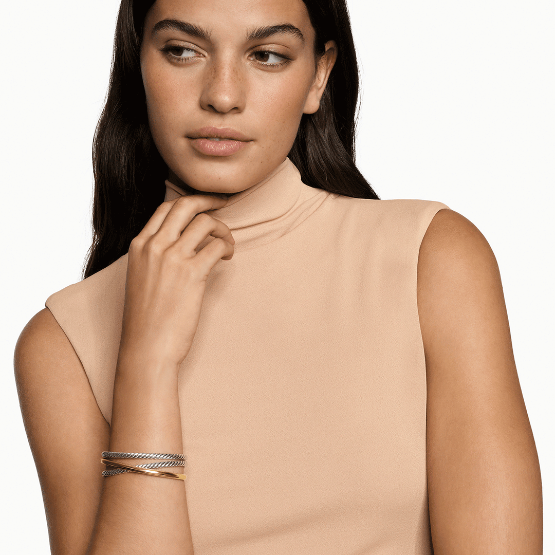 David Yurman Bold Crossover Three Row Cuff Bracelet Sterling Silver with 14k Yellow Gold, 19mm