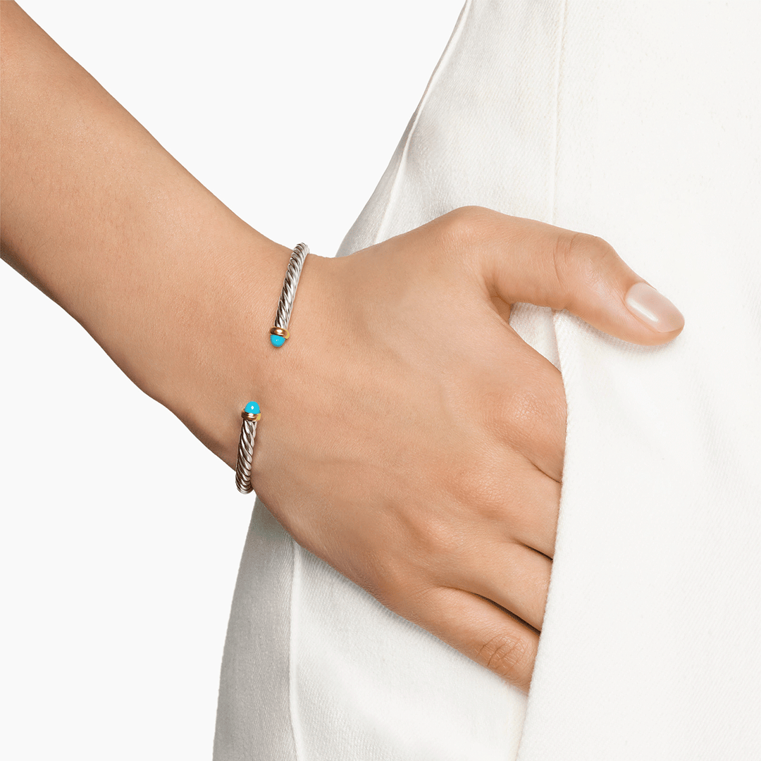 David Yurman Cable Flex Bracelet Sterling Silver with 14k Yellow Gold and Turquoise, 4mm