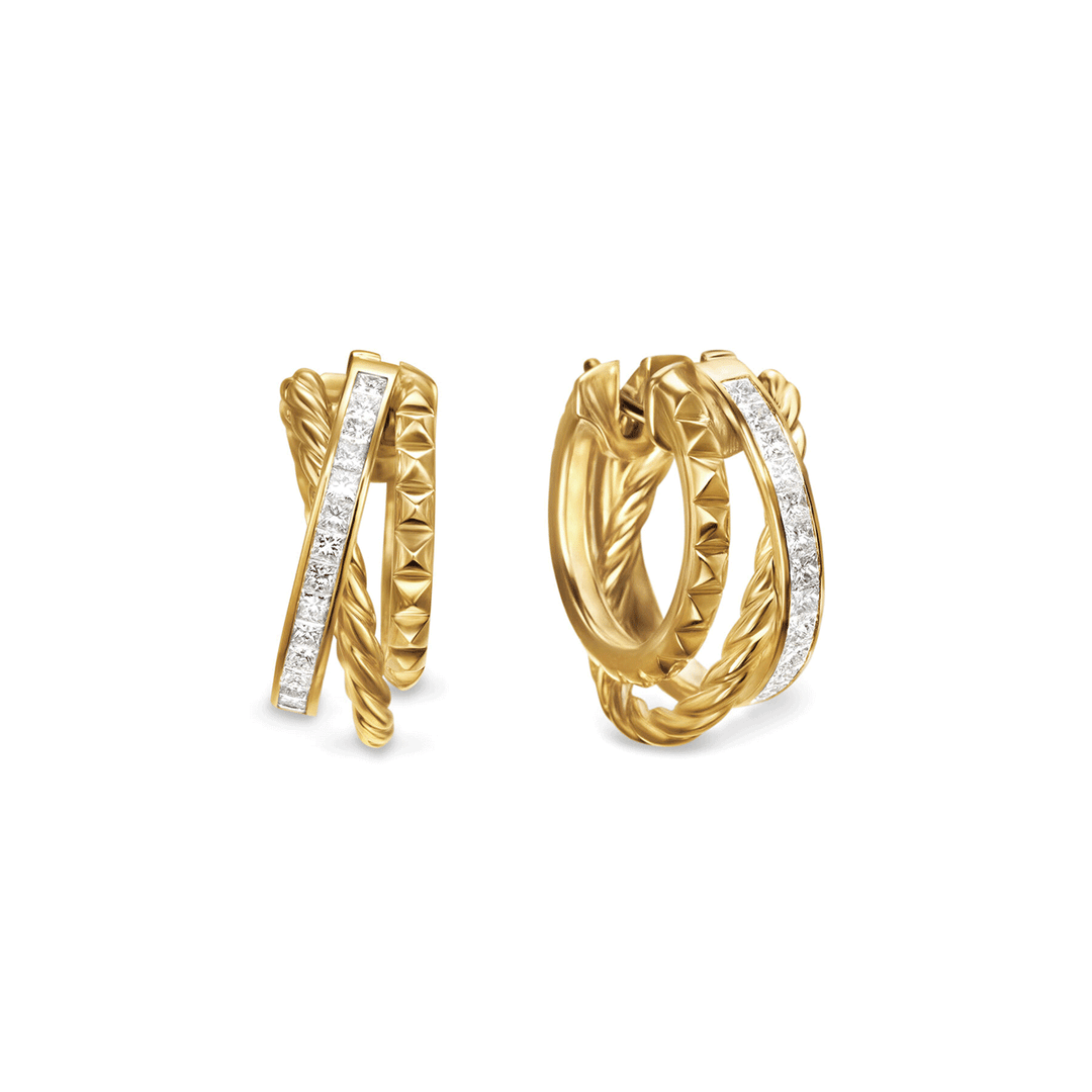 David Yurman Crossover Trio Multi Row Hoop Earrings 18k Yellow Gold with Diamonds, 18mm