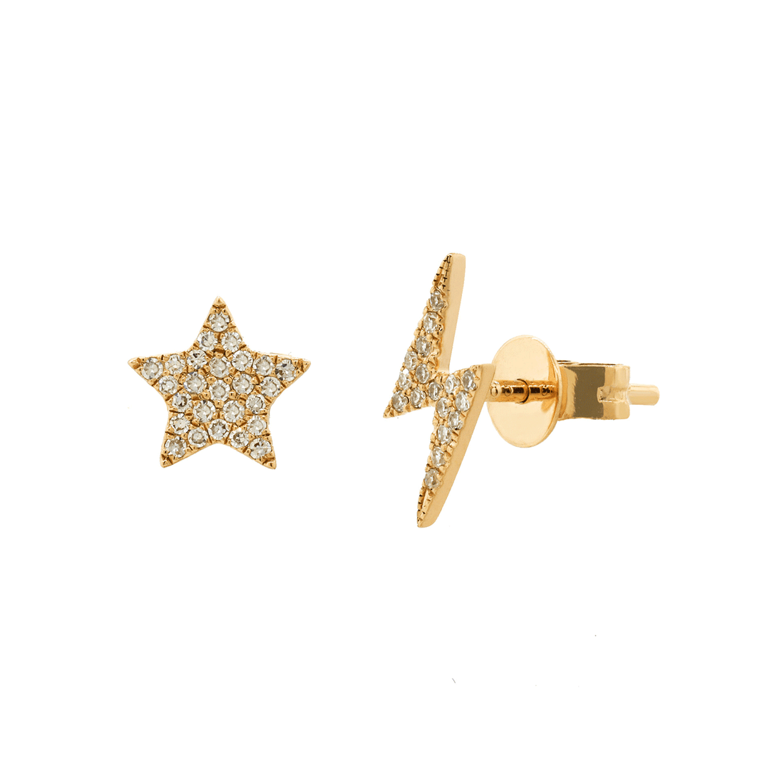 14k Gold Star and Bolt .11 Total Weight Diamond Studs