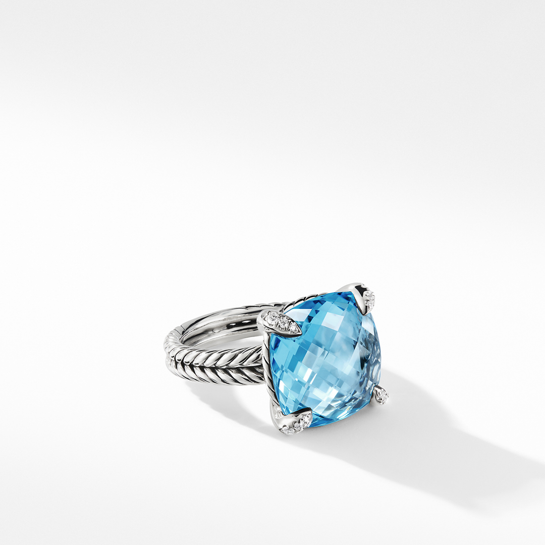 David Yurman Chatelaine Ring Sterling Silver with Blue Topaz and Diamonds, 14mm