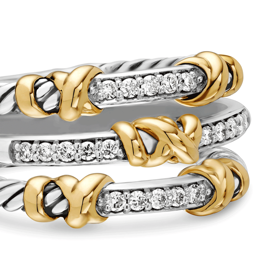 David Yurman Petite Helena Wrap Three Row Ring Sterling Silver with 18K Yellow Gold and Diamonds