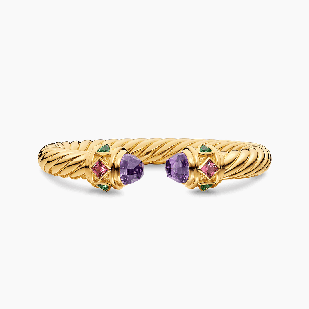 David Yurman Renaissance Cablespira Bracelet 18k Yellow Gold with Amethyst, Pink Tourmaline and Tsavorite, 9mm