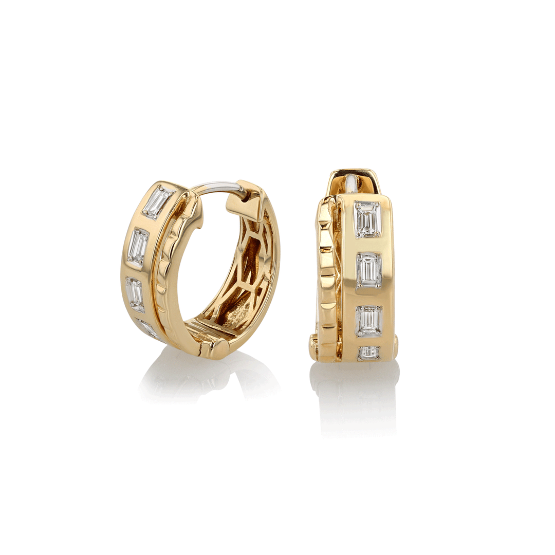 14k Yellow Gold Two Row Baguette Diamond .23 Total Weight Huggie Hoops
