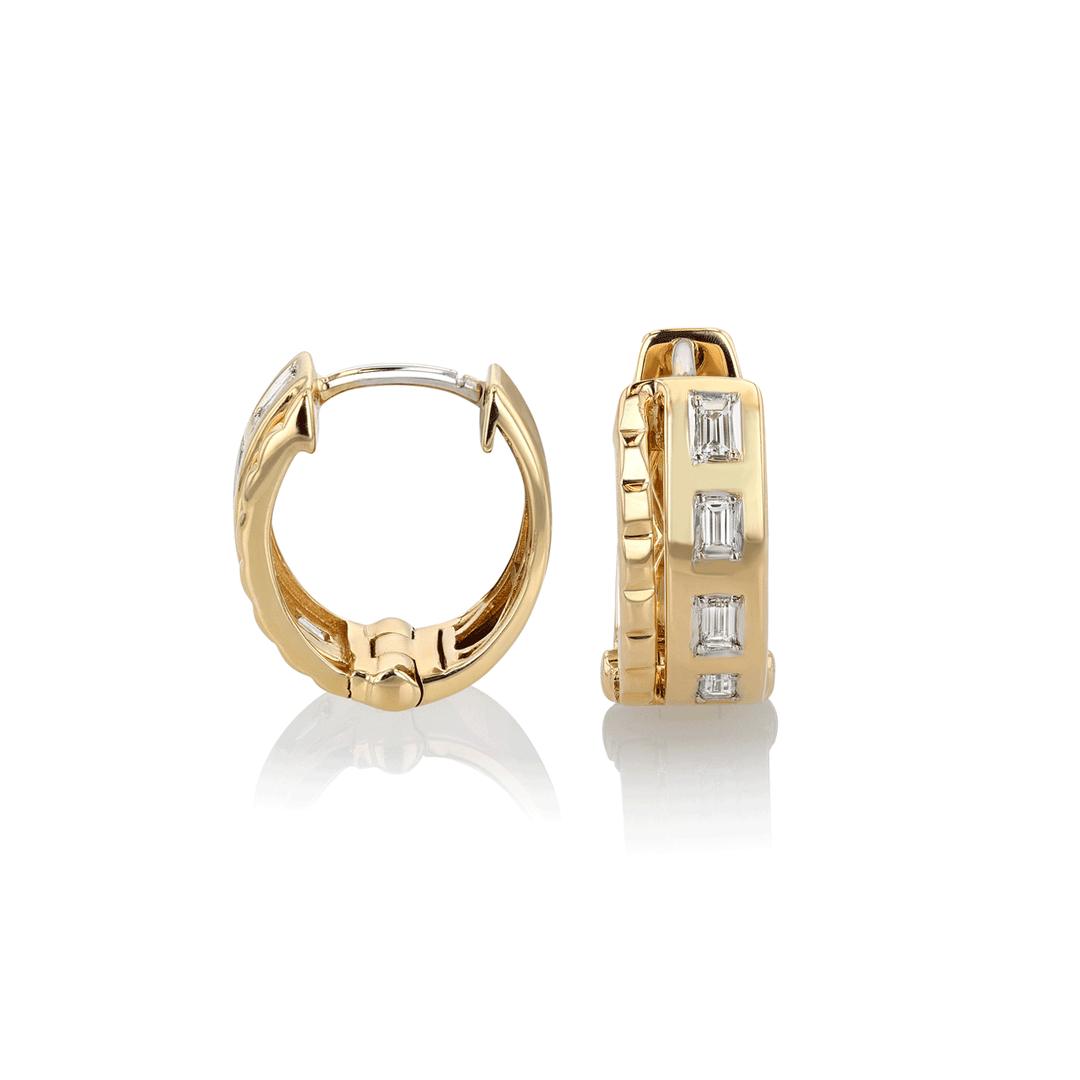 14k Yellow Gold Two Row Baguette Diamond .23 Total Weight Huggie Hoops