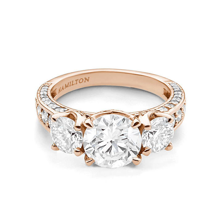 1912 Three Stone 18k Rose Gold and 1.09 Total Weight Diamond Engagement Mounting Ring