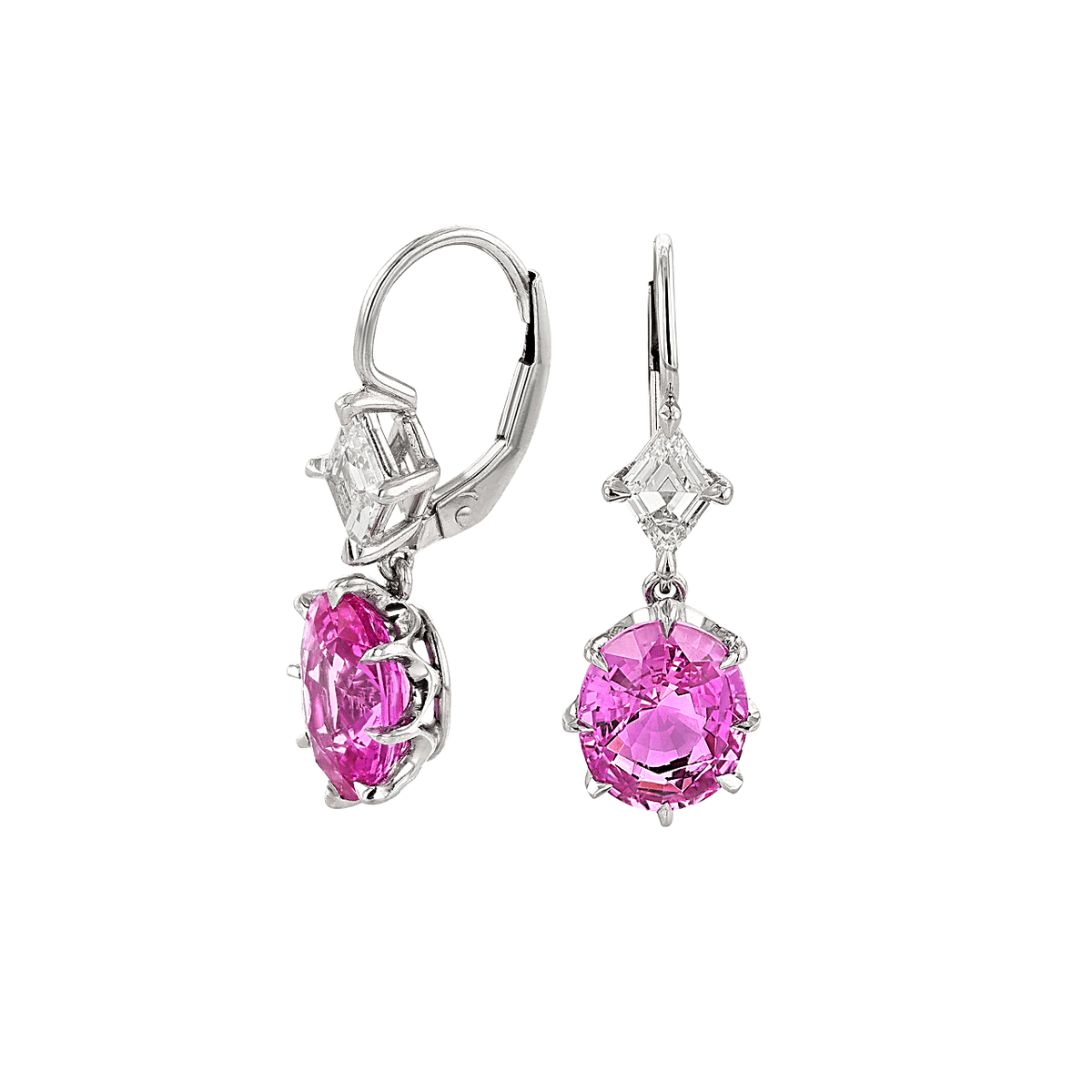 Platinum and Oval Pink Sapphire 6.09 Total Weight Drop Earrings