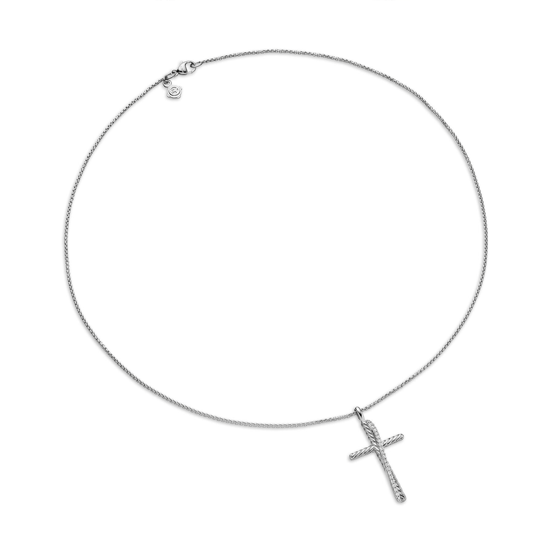 David Yurman Crossover Cross Necklace Sterling Silver with Diamonds, 35.6mm