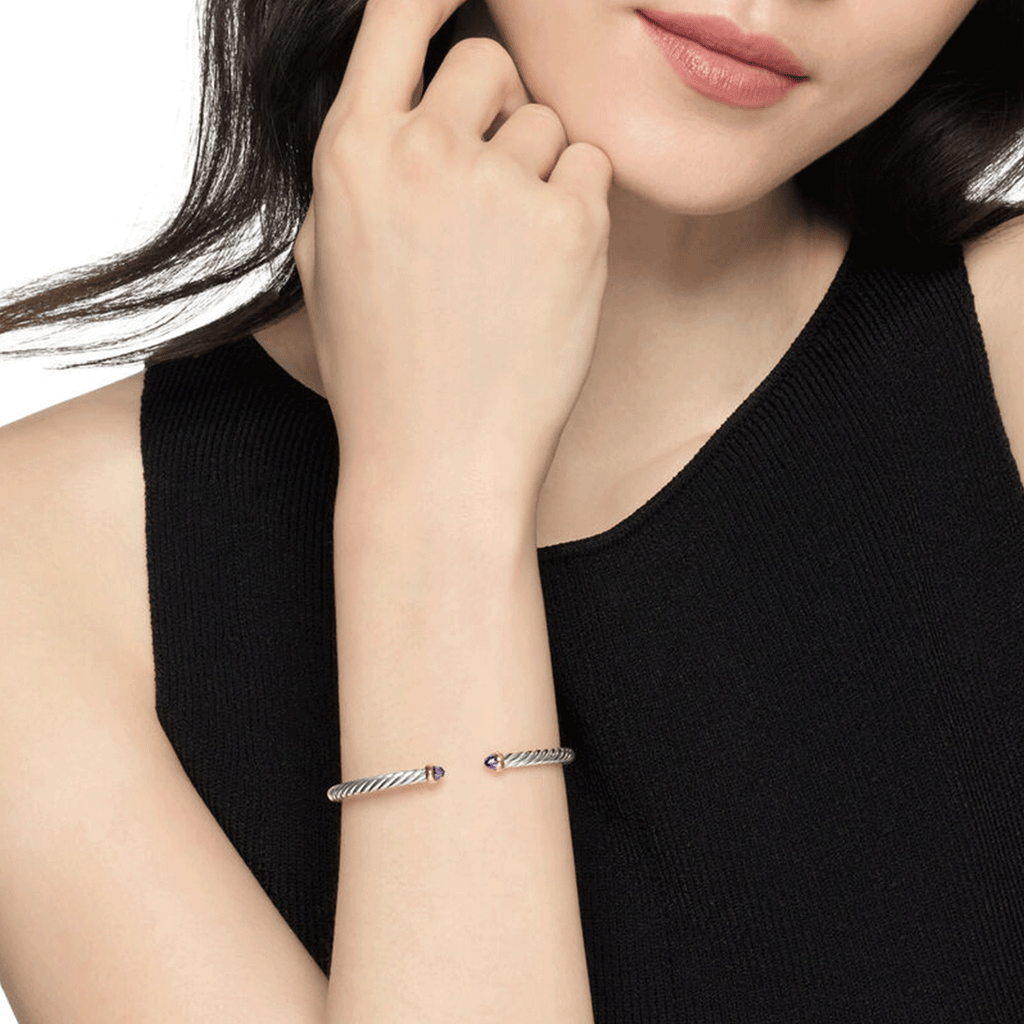David Yurman Cable Flex Bracelet Sterling Silver with 14k Yellow Gold and Amethyst, 4mm