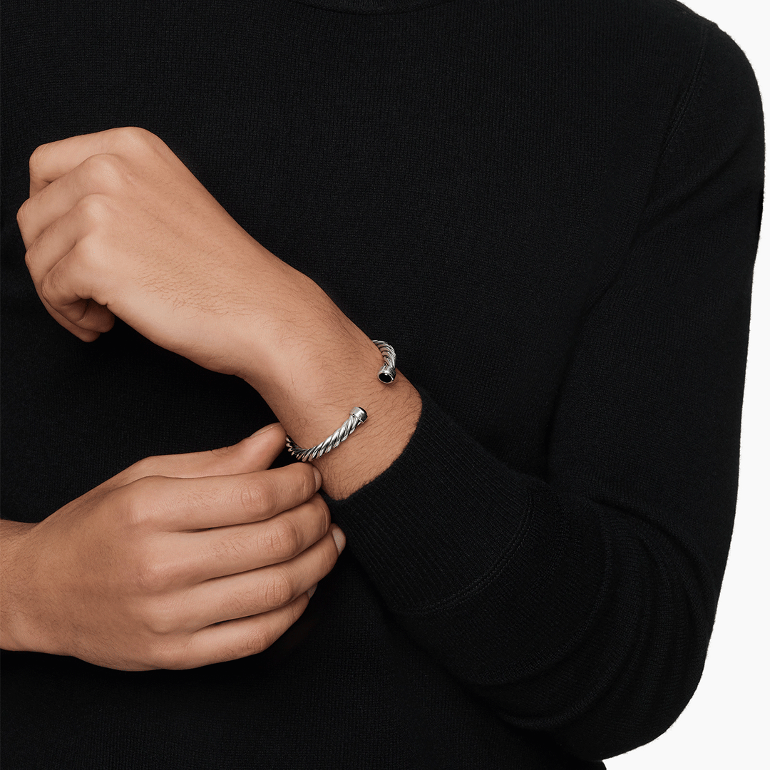 David Yurman Cable Cuff Bracelet Sterling Silver with Black Onyx, 6mm
