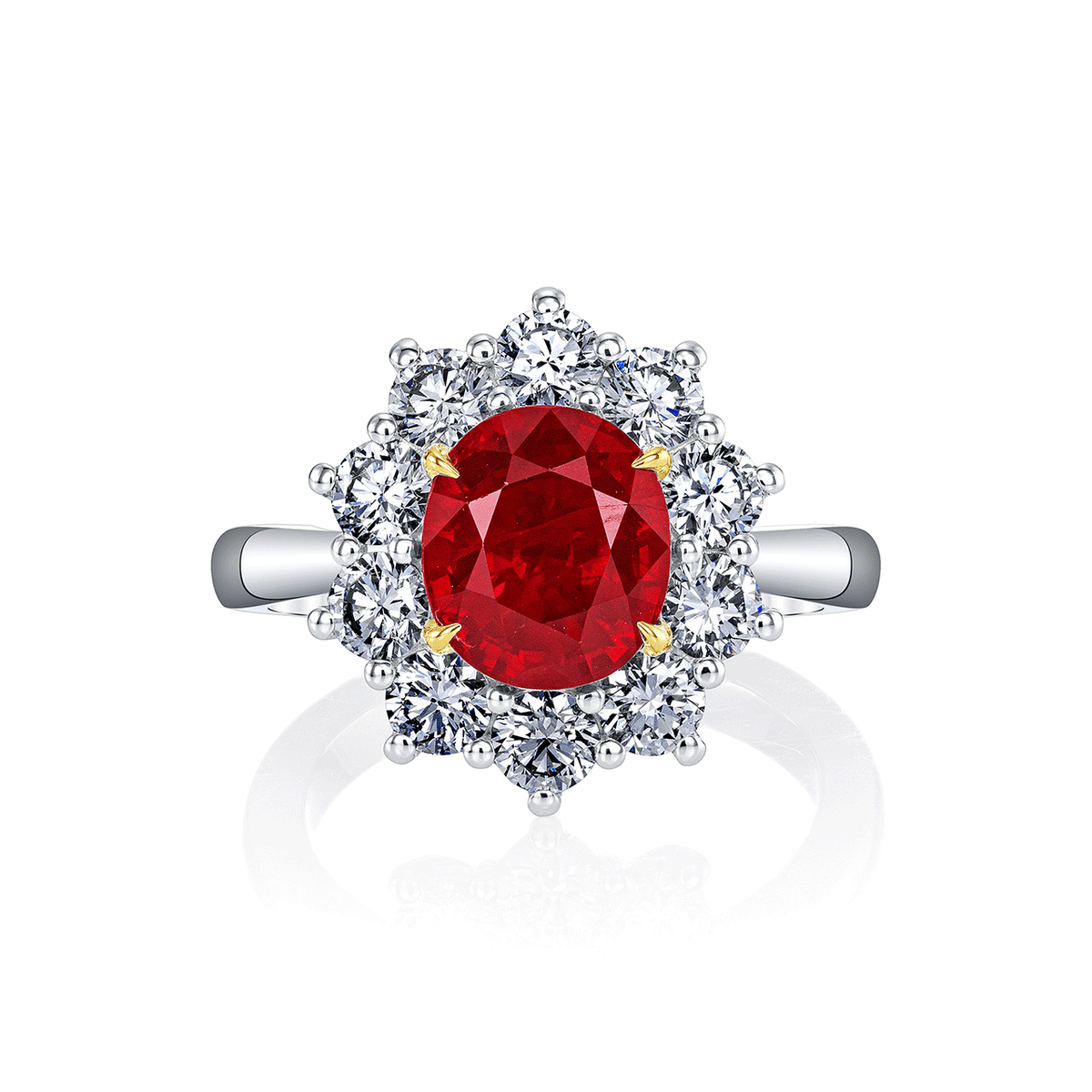 Platinum 18k Yellow Gold and 3.02 Total Weight Oval Ruby Diamond Halo Ring
