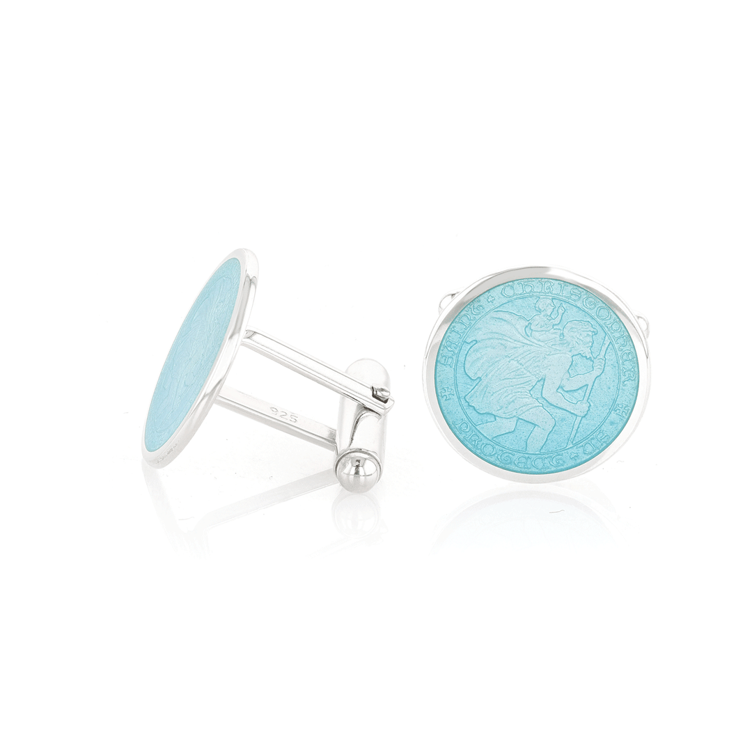 Sterling Silver and Light Blue Enamel St. Christopher Cufflinks