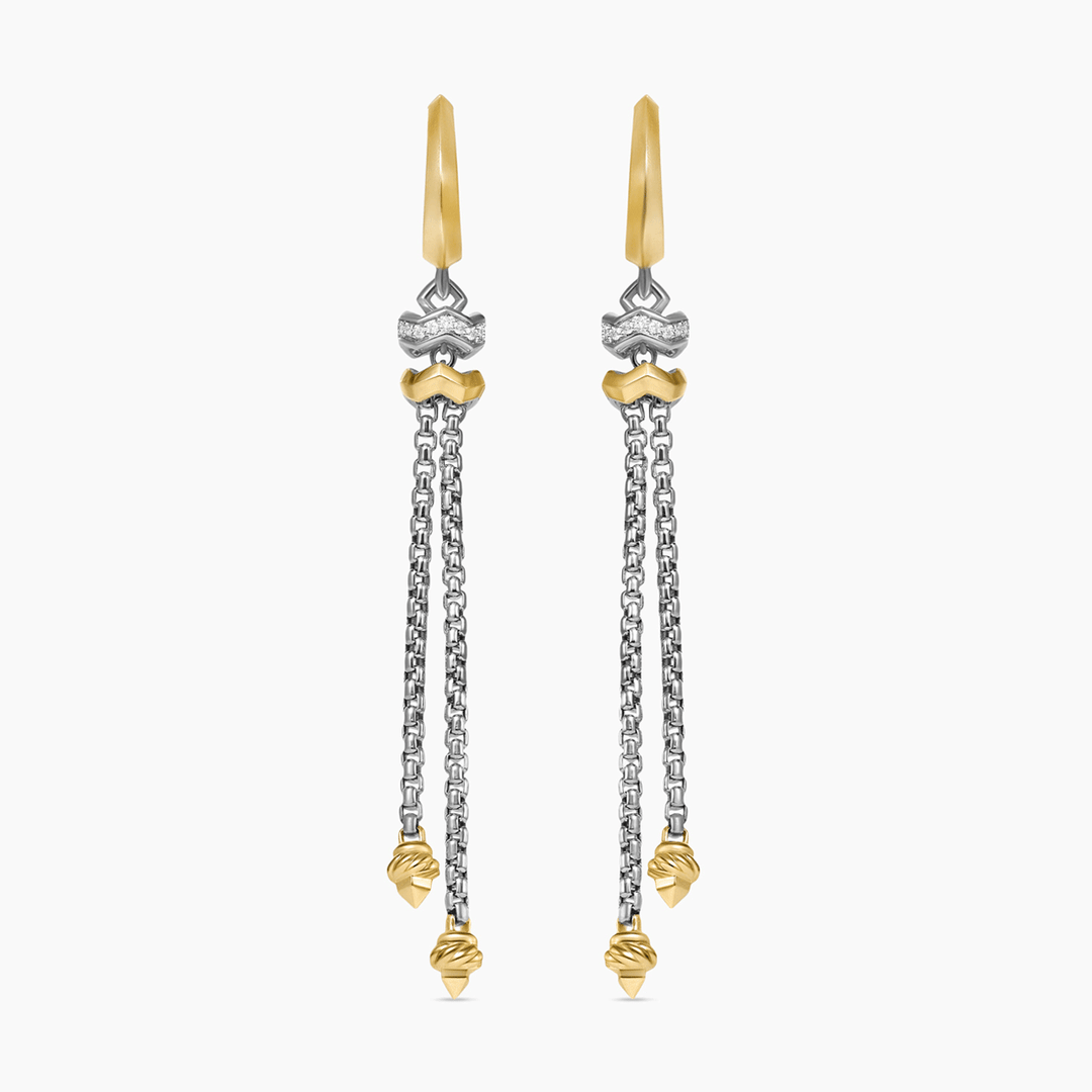 David Yurman Zig Zag Stax Chain Drop Earrings Sterling Silver with 18k Yellow Gold and Diamonds, 66mm