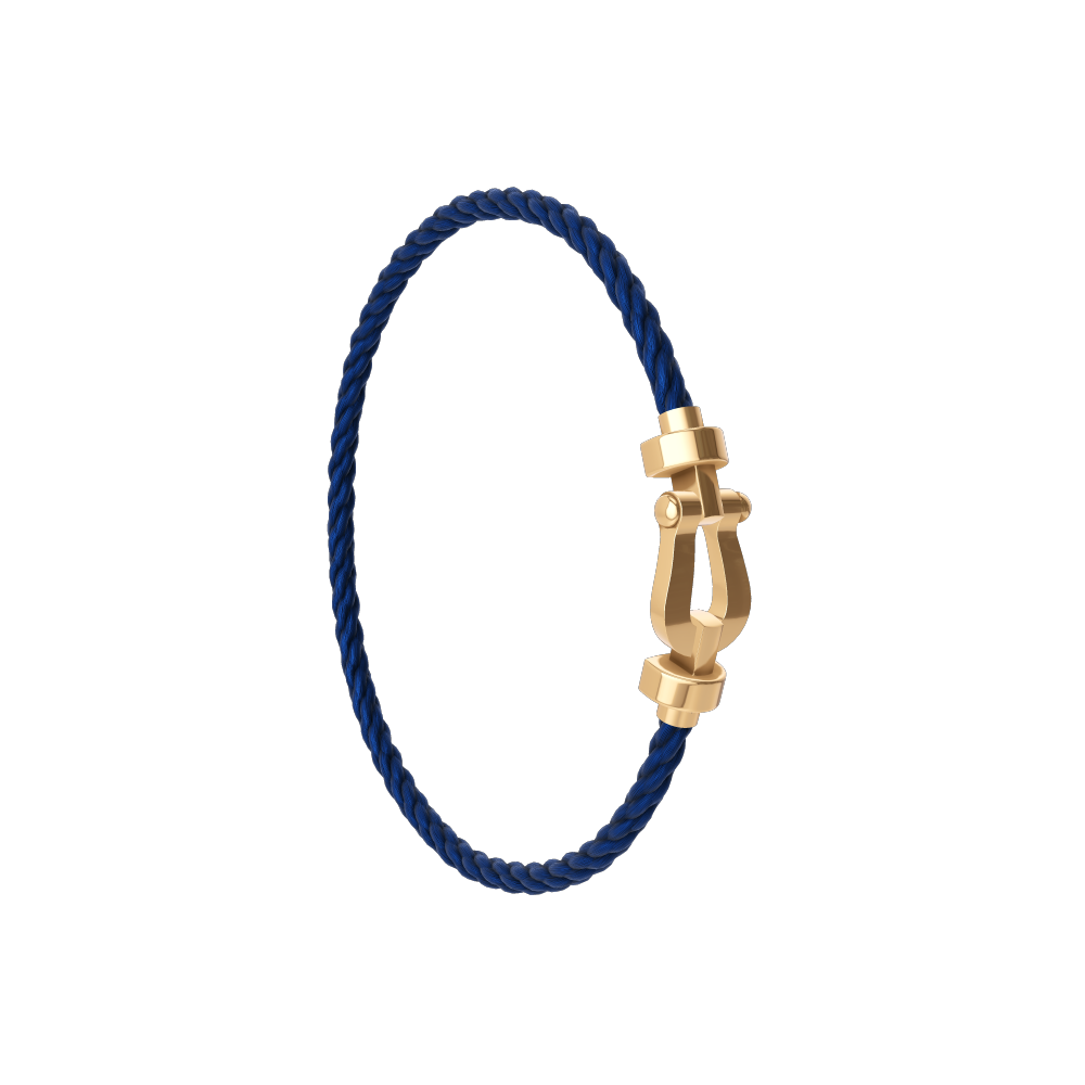 [Yellow Gold] FRED Force 10 navy cord bracelet with yellow gold buckle, side view