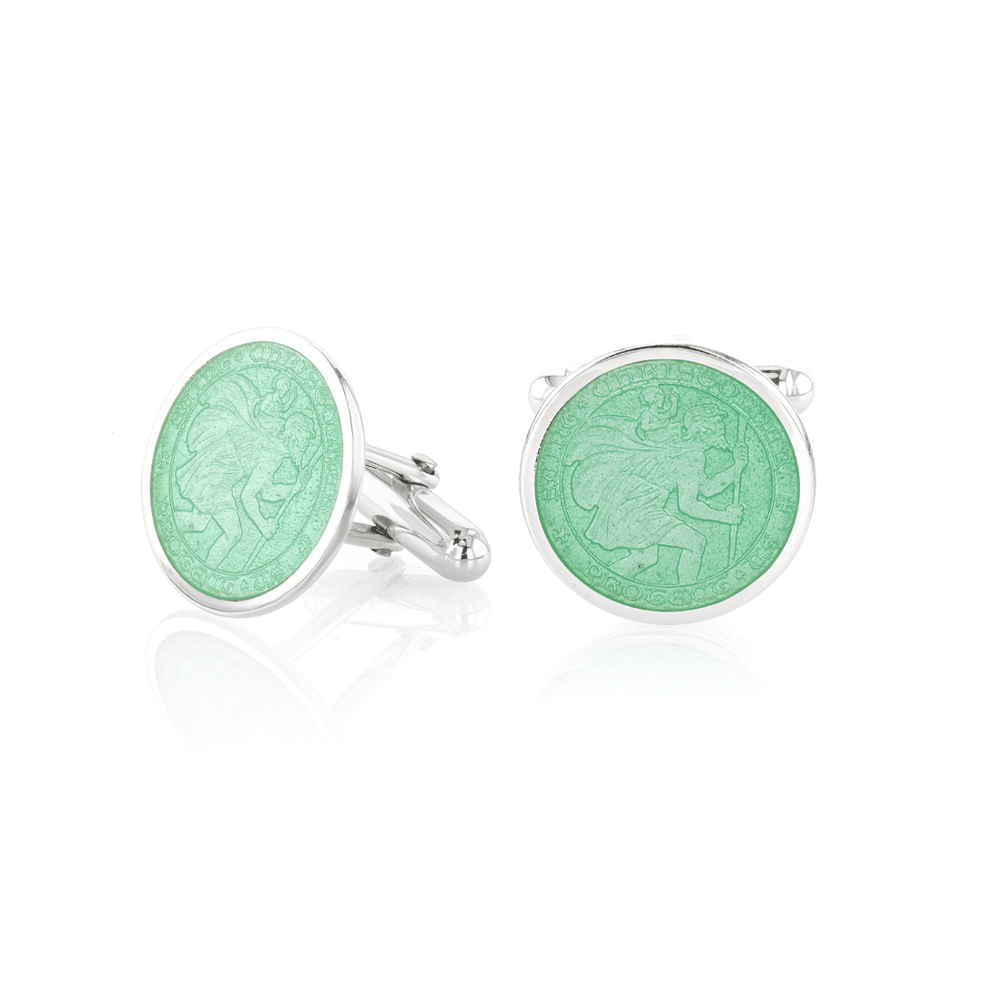 Sterling Silver and Green Enamel St. Christopher Cufflinks