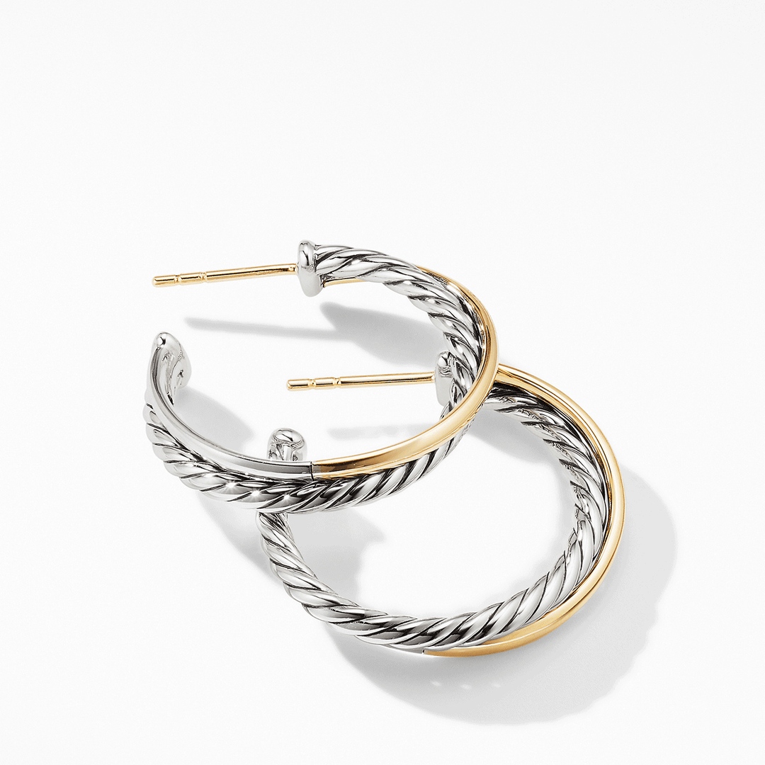 David Yurman Crossover Hoop Earrings Sterling Silver with 18k Yellow Gold, 26.5mm