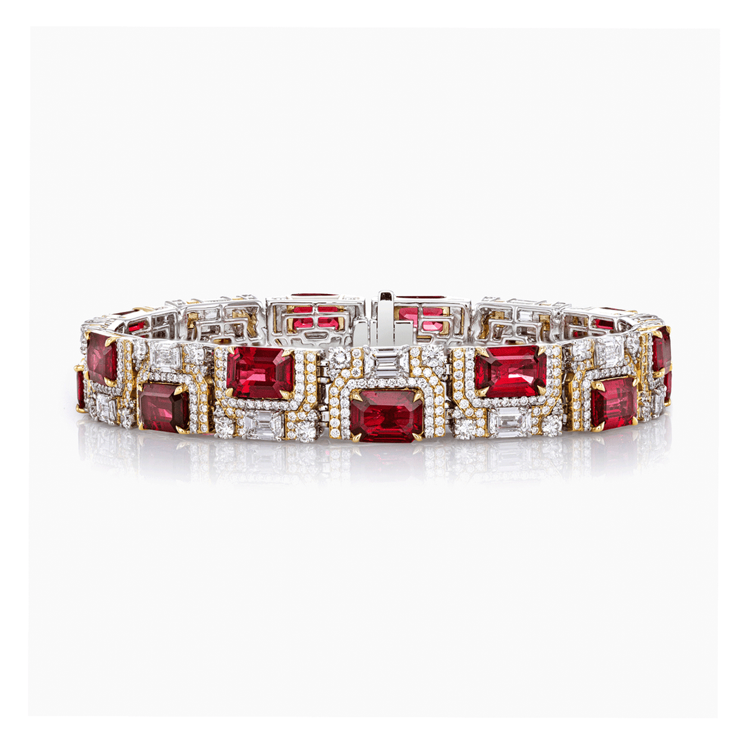 Platinum 18k Yellow Gold and 15.42 Total Weight Ruby Diamond Bracelet