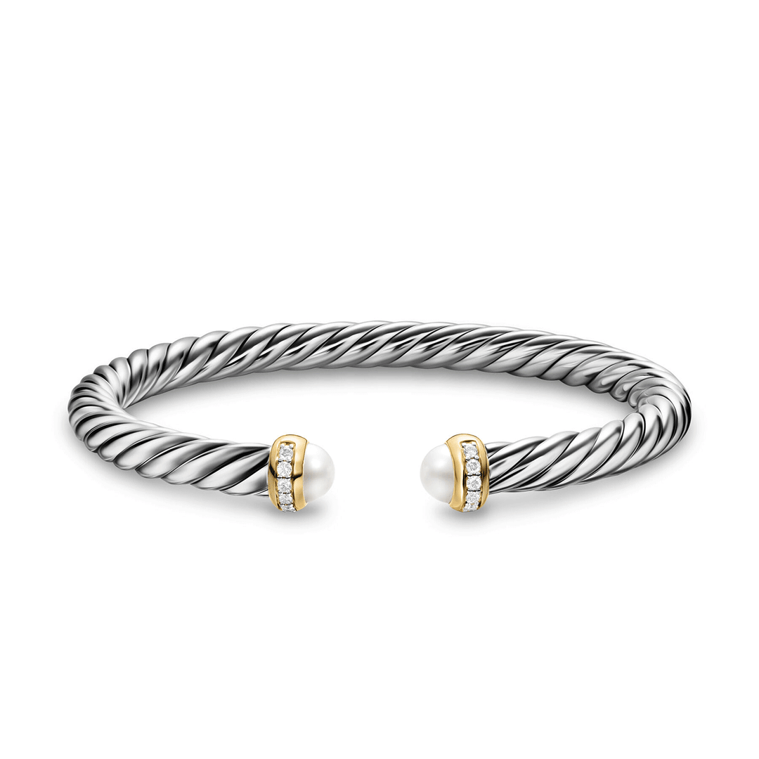 David Yurman Sterling Silver with 14K Yellow Gold, Pearls and Diamonds, 6mm Cable Flex® Bracelet