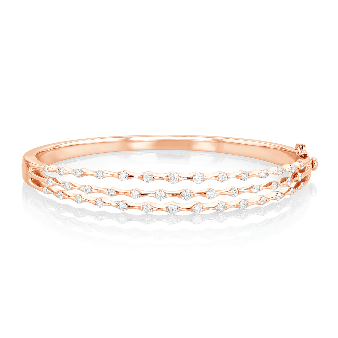 Wave 18k Rose Gold Three Row Diamond 1.40 Total Weight Bracelet