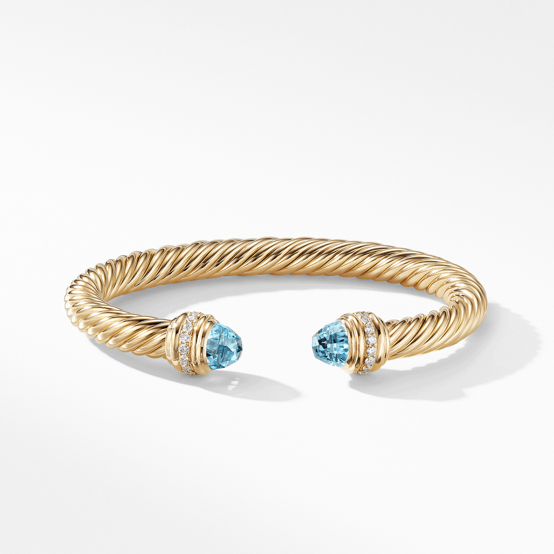 David Yurman Cable Bracelet in 18k Yellow Gold with Blue Topaz and Diamonds