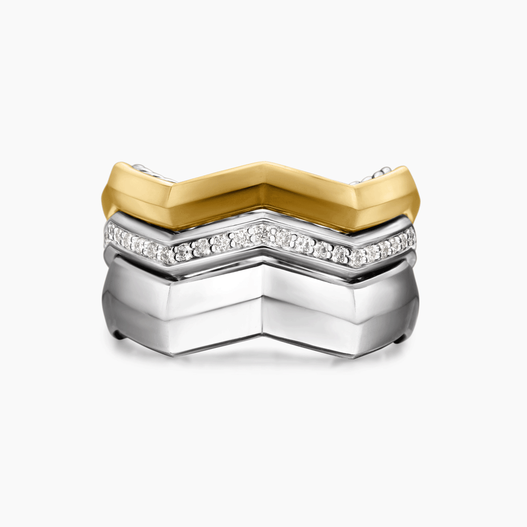 David Yurman Zig Zag Stax Three Row Ring Sterling Silver with 18k Yellow Gold and Diamonds, 11.7mm