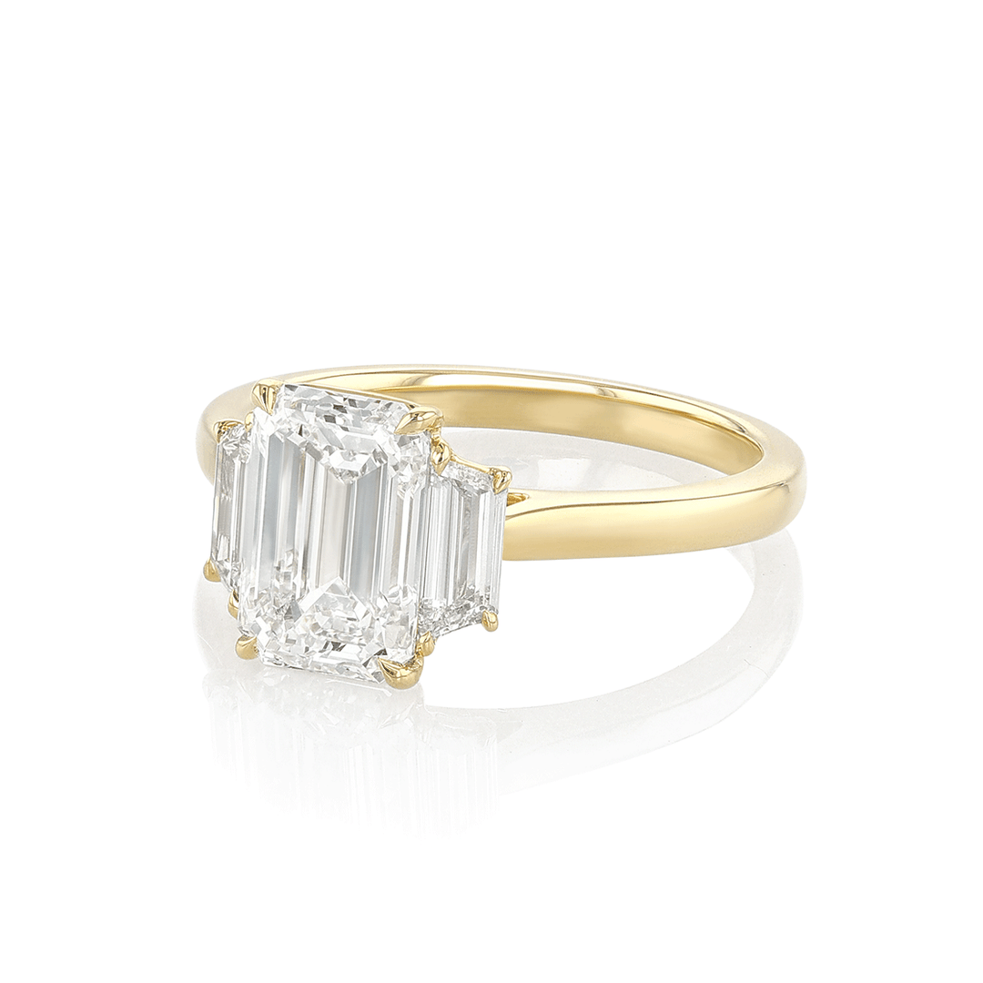 18k Yellow Gold and 2.20 Total Weight Emerald Cut Diamond Three Stone Ring