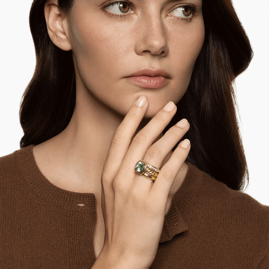 David Yurman Mercer Three Row Stone Ring 18k Yellow Gold with Prasiolite and Diamonds, 12mm