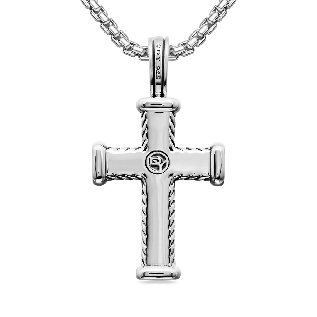 David Yurman Chevron Cross Pendant Sterling Silver with Black Diamonds, 33mm