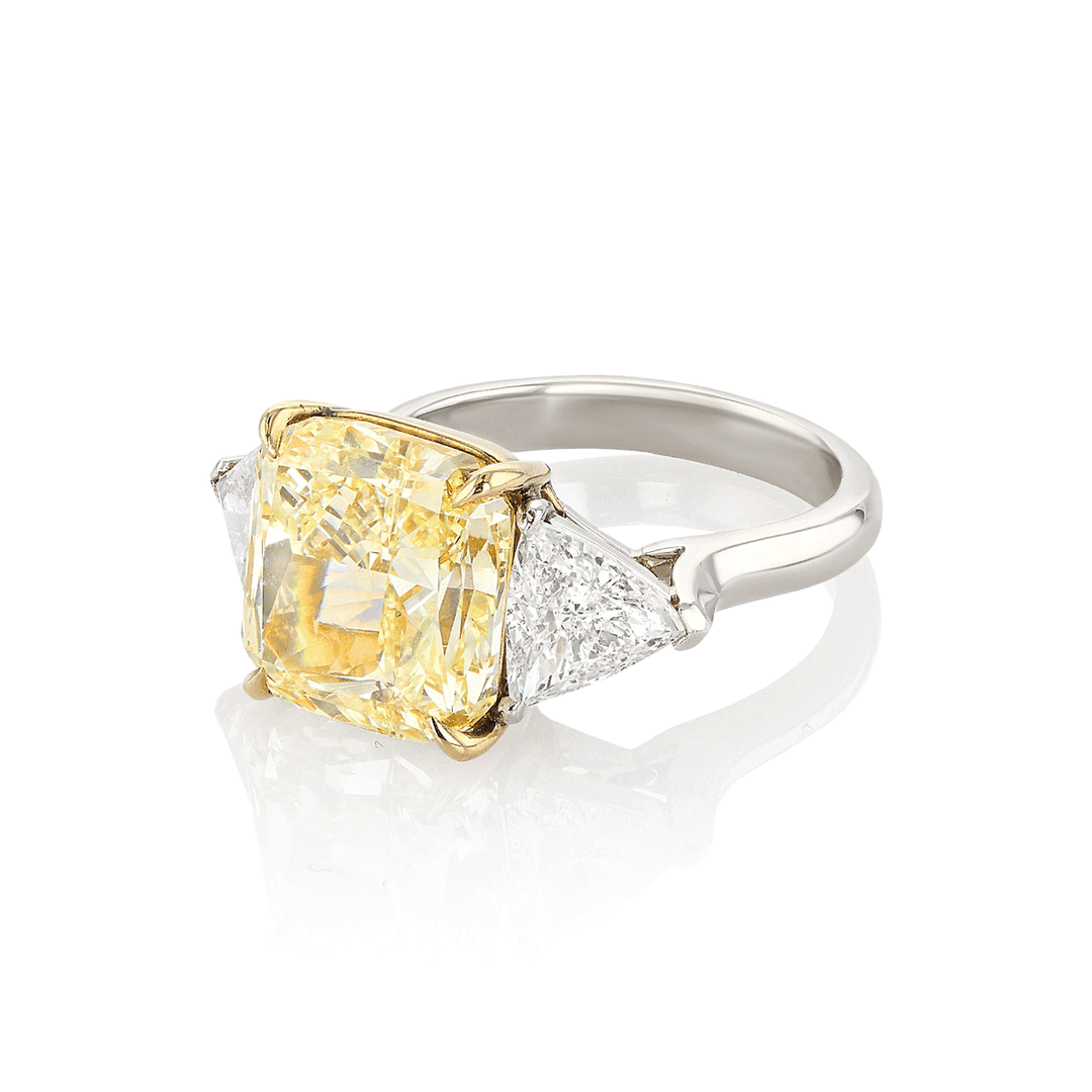 Platinum 18k Yellow Gold and Cushion Cut Diamond 8.01 Total Weight Three Stone Ring