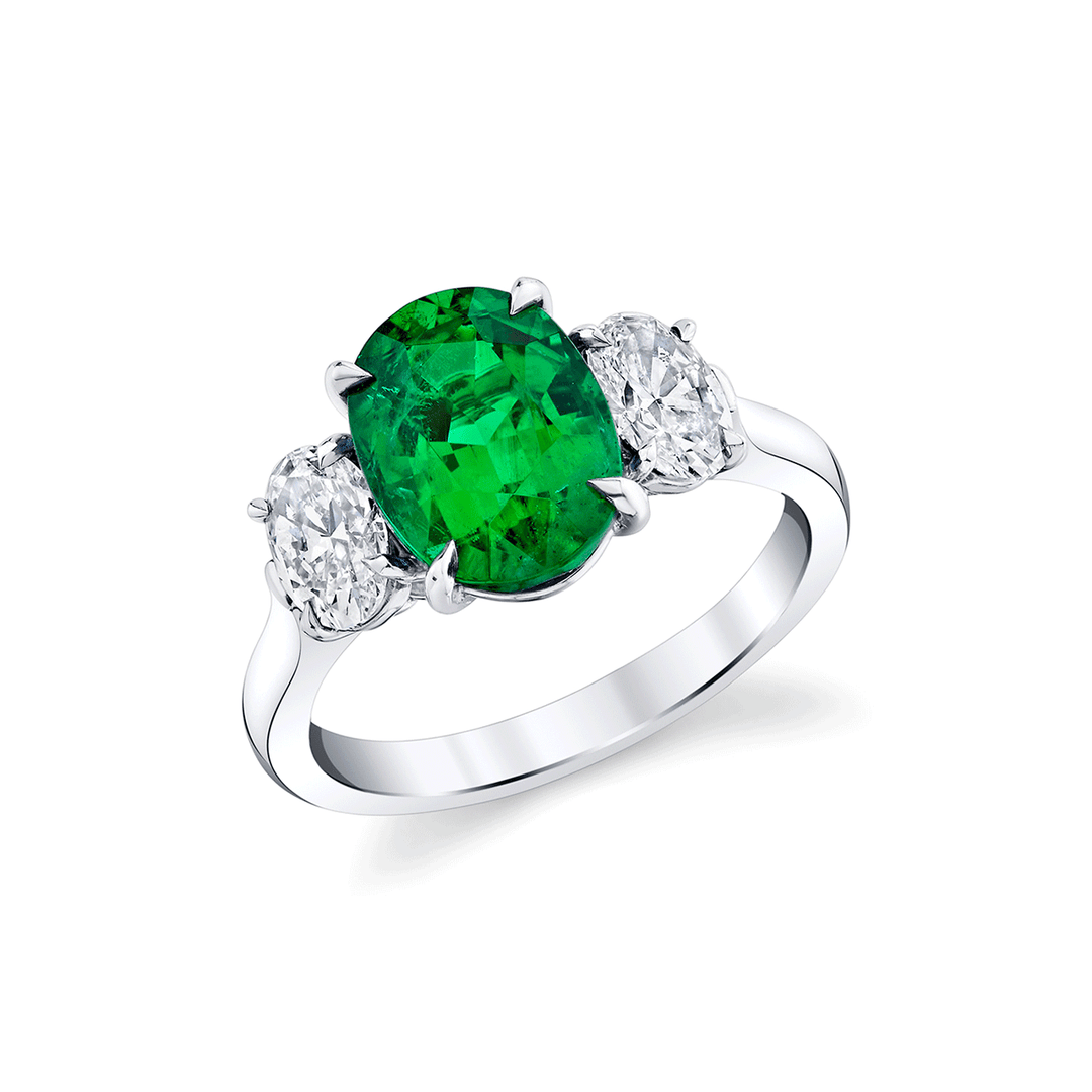 Plaitnum 18k Yellow Gold and 3.09 Total Weight Oval Shape Emerald Diamond Three Stone Ring