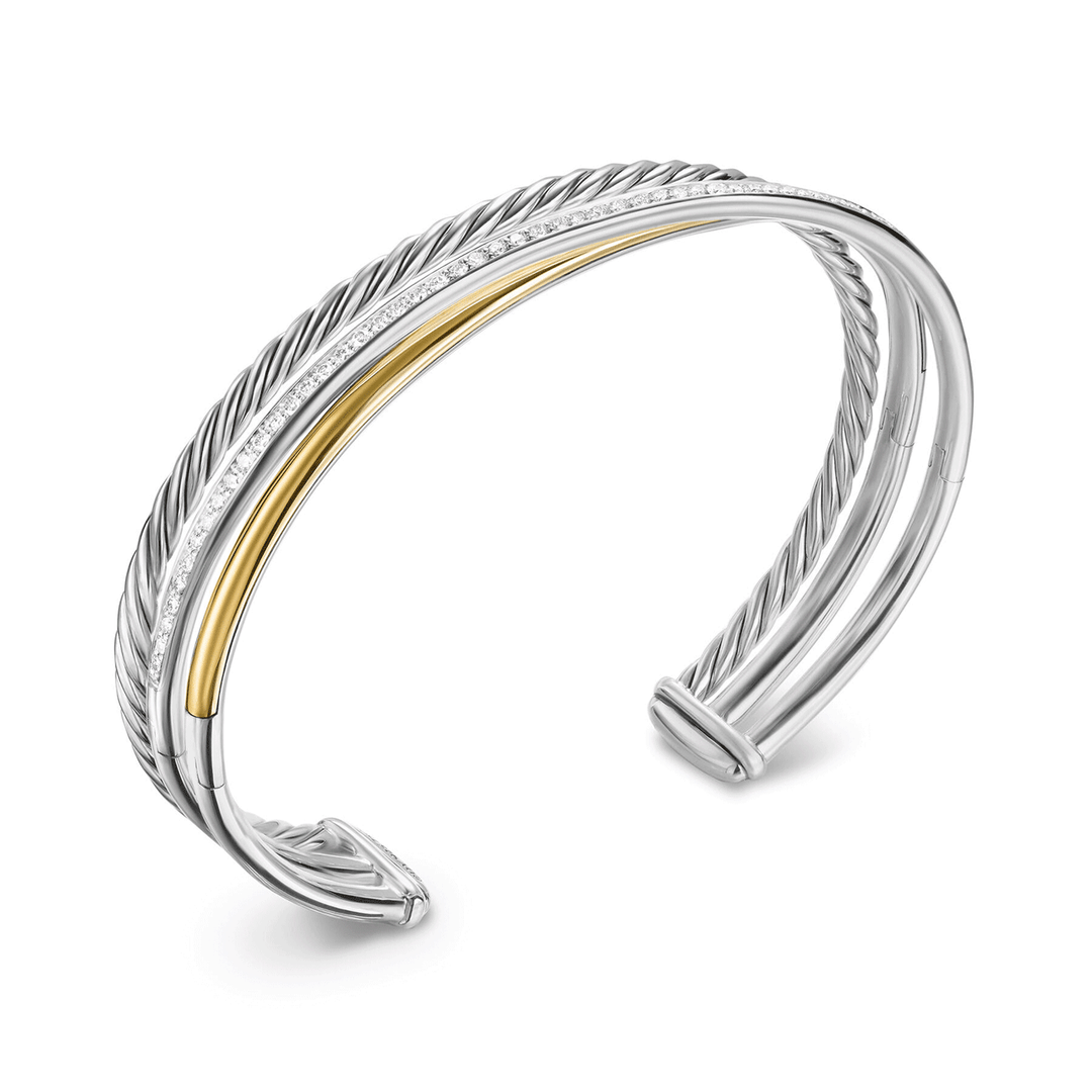David Yurman Crossover Three Row Bracelet Sterling Silver with 18k Yellow Gold and Diamonds, 11mm
