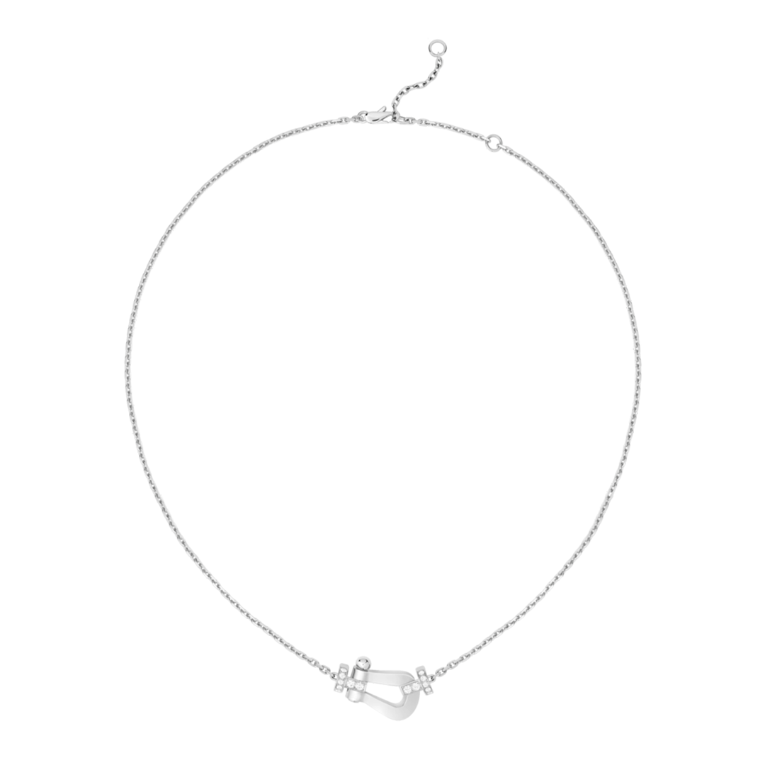 FRED Force 10 18k White Gold and Half Diamond Large Buckle Necklace