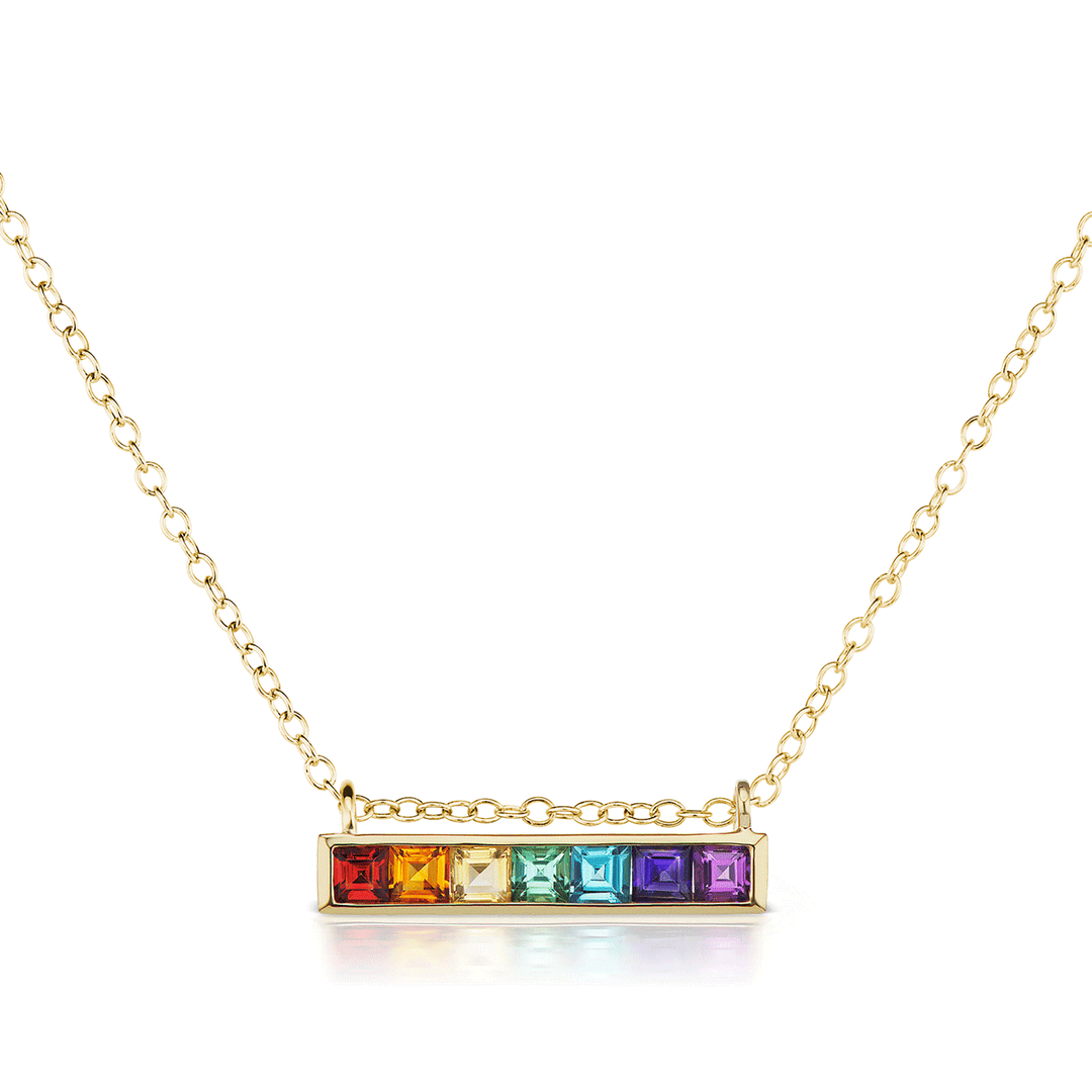 Jane Taylor Cirque 14k Yellow Gold and Rainbow Gemstones Horizontal Bar Necklace
