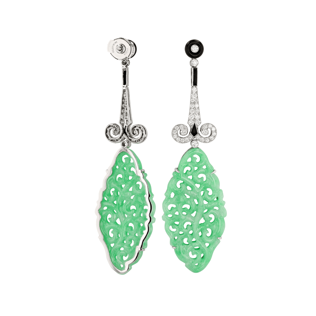 Hamilton Heritage Collection Platinum Carved Jade and Diamond Earrings