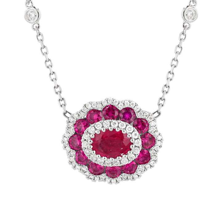 18k White Gold Ruby 1.95 Total Weight and Diamond Pendant