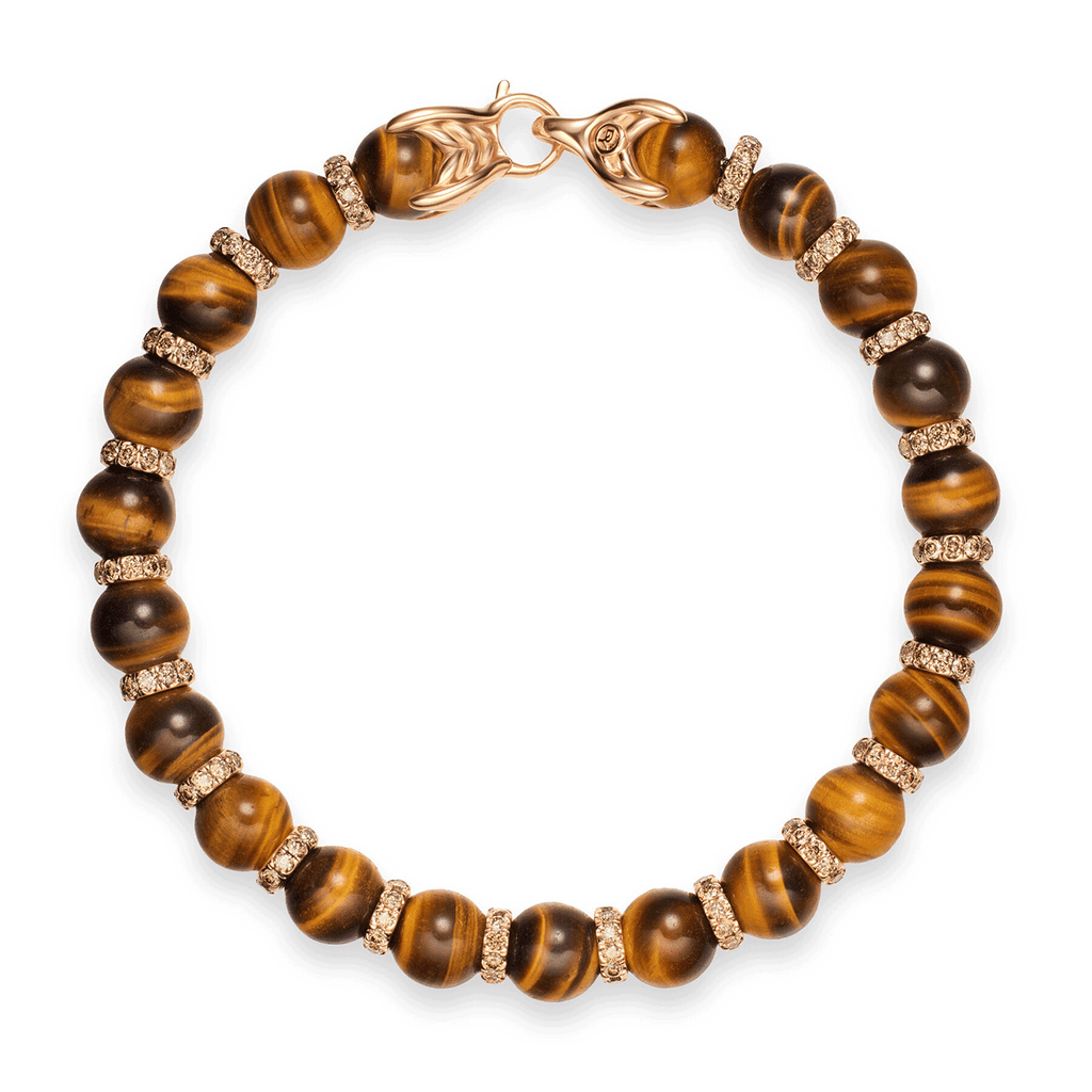 David Yurman Spiritual Beads Bracelet 18K Rose Gold with Tiger's Eye and Cognac Diamonds, 8mm